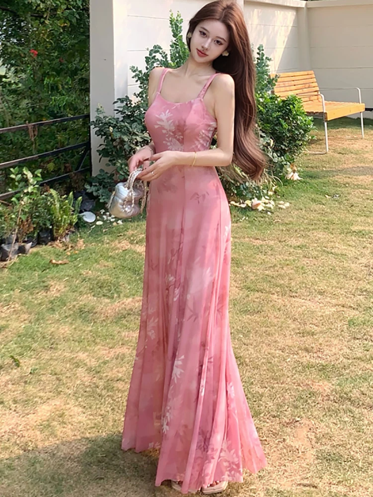 2025 Roze Mesh Bloemen Sexy Sling Lange Jurk Zomer Elegante Casual Vakantie Jurk Vrouwen Nieuwe Koreaanse Mode Bodycon Een Stuk Jurk