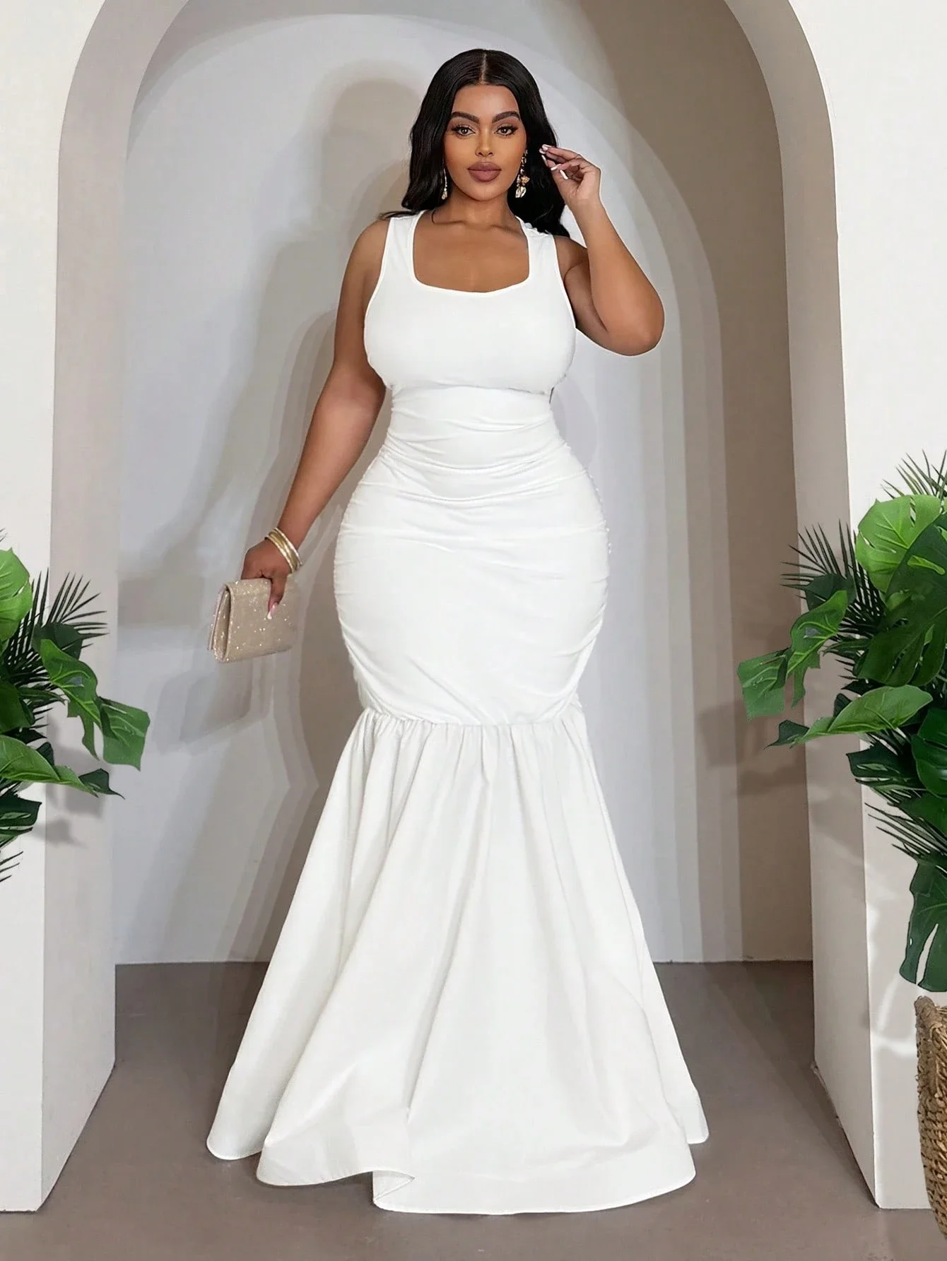 

White Plus Size Sleeveless Square Neck Ruched Mermaid Gown For Wedding Party Evening Graduation And Special Occasions