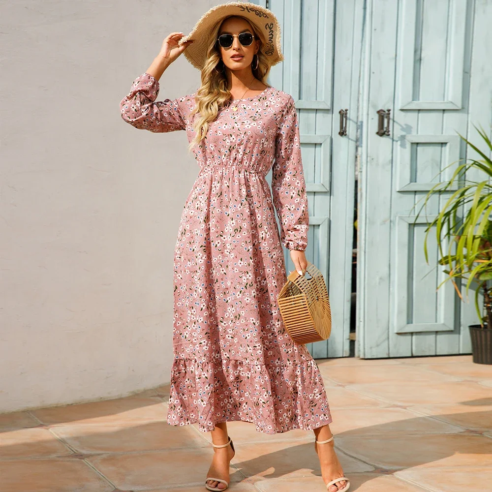 

2024 Sping Summer Bohemian Women Maxi Dress Casual Long Sleeve High Waist Beach Woman Chiffon Dresses Floral Vestidoes Mujer New