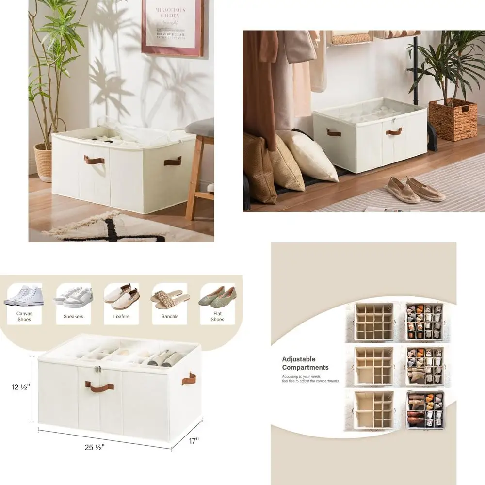 

Органайзер для хранения обуви на 24 пары с регулируемыми отделениями и прозрачной крышкой, бежевый