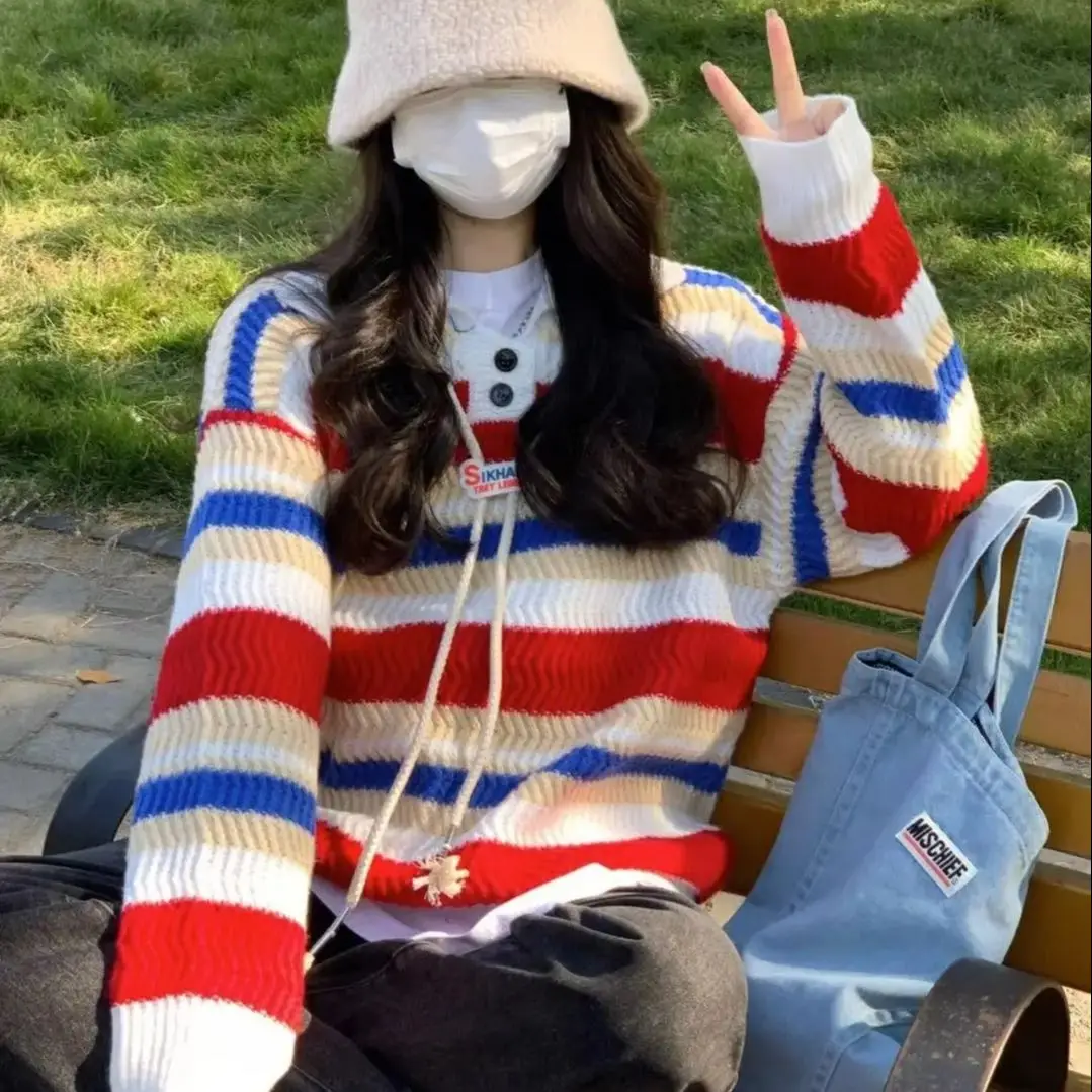 Japanese Retro Rainbow Striped Polo Collar Oversize High-End Sweater Women Autumn Winter New Lazy Style Knitted Sweater