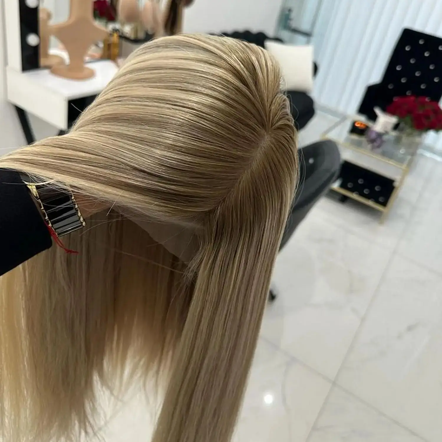 

Soft Natural Straight Long Length Front Lace Wigs Realistic Look Hairline Glueless Wigs Synthetic Hair 13*4 HD Brunette Fibre