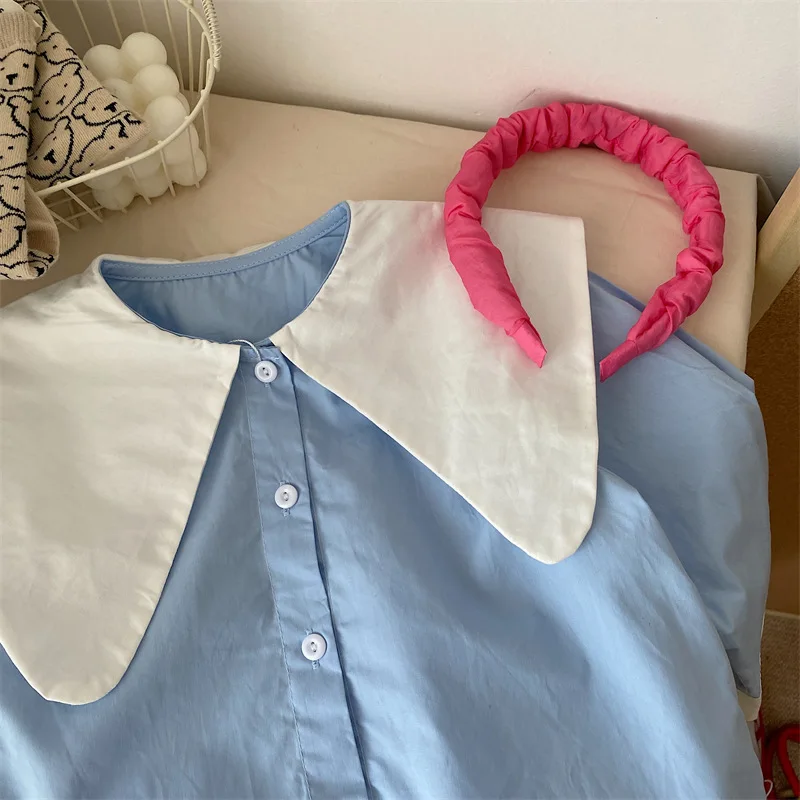 Shirt Top Cute Sweet Spring Autumn New Korean Girl Contrast Color Lapel College Long Sleeve Leisure Active