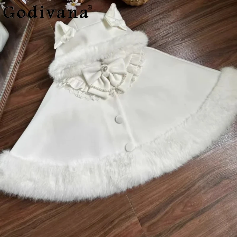 

Lolita Autumn Winter Thickened Warm Short Cape Coat Cute Girl Hooded Daily Christmas Loose Versatile Age-reducing Fashion Top