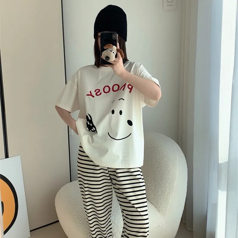 

Женский летний комплект с короткими рукавами и брюками с героями мультфильмов, милая новая одежда для сна с героями мультфильмов для девочек, весенне-осенняя ночная рубашка, домашняя одежда, пижама Snoopy