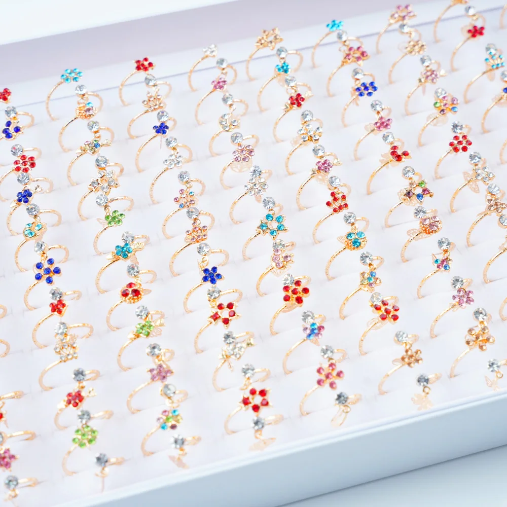 10Pcs/Lot New Korean Fashion Flower Rhinestone Adjustable Rings For Women Girl Sweet Finger Jewelry Mixed Style Accessories Gift