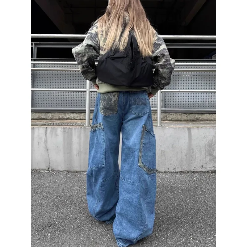 

Women's American High Street Loose Straight Leg Leopard Print Splicing Knife Edge Design Sense Washed Vintage Jeans Summer