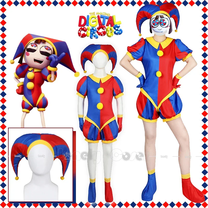 The Amazing Digital Circus Pomni Cosplay Costume Cartoon Uniform Hat Gloves Halloween Party for Women Adults Kids Costume Cos