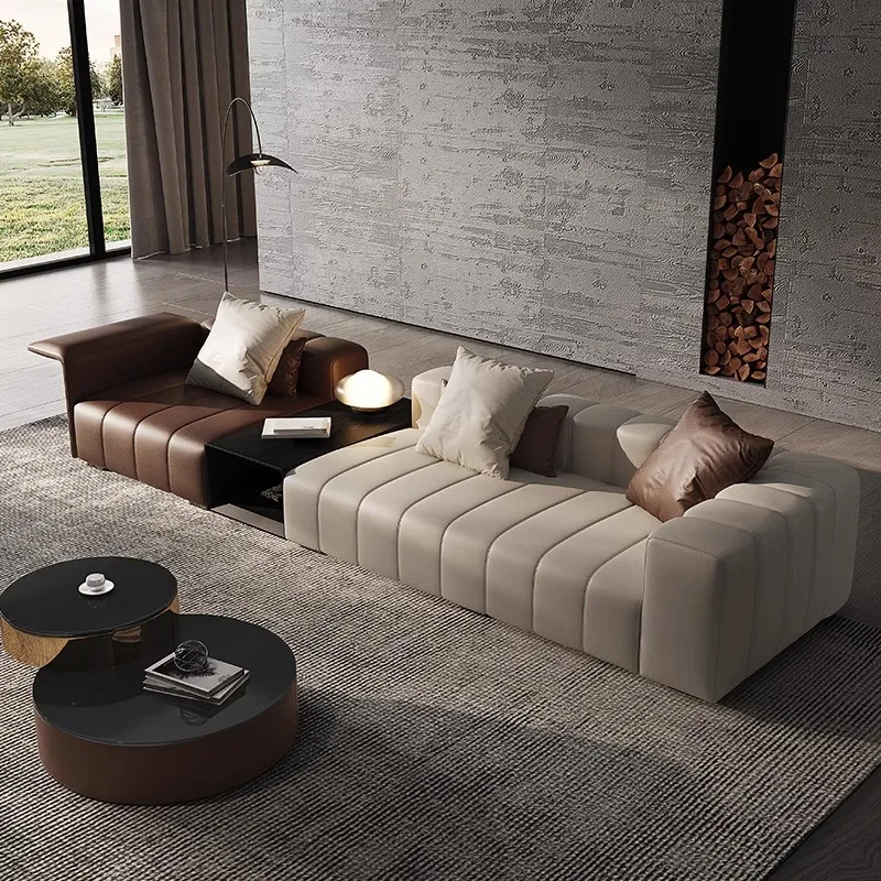 Italian Minimalist Piano Key Sofa With Leather Line Large Apartment Living Room Leather Sofa High-end Straight Row Leather Art S