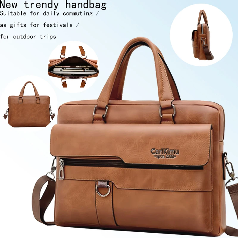 Adjustable Detachable Strap Vintage Leather Laptop Briefcase, Multi Pocket Handbag for Men Business Office Motorcycle Travel