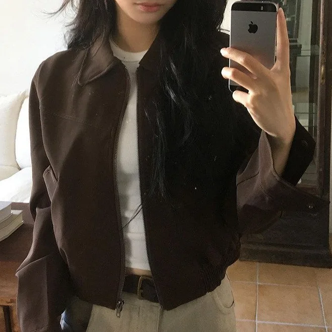 Short Coat Women Coats Zipper Turn Down Collar Jackets Vintage Y2k Streetwear Casual Loose Splice Jacket 2026 Autumn Winter