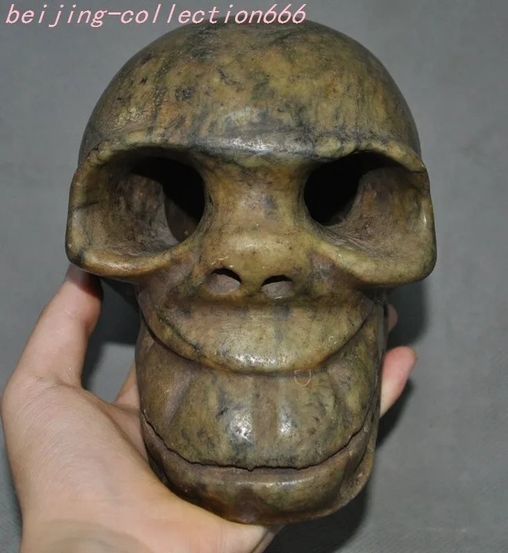 5.2'' Chinese Hongshan Culture old jade carved Skull Skeleton Cranium Statue
