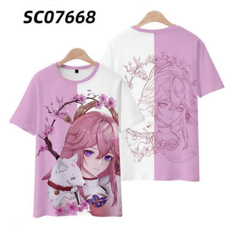 Kaus gambar 3D Genshin Impact YAE MIKO untuk pria wanita t-shirt lucu lengan pendek mode musim panas kaus Cosplay grafis