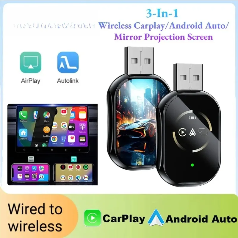 For Android Airplay Auto Mirror Link Bluetooth+Wifi USB Dongle Car Ai Box 3in1 Mirror Link Wired To Wireless Carplay Adapter 1pc