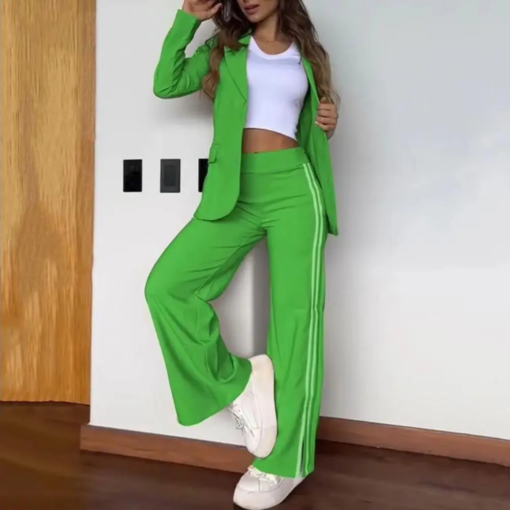 

Комплект из 2 предметов: женский деловой костюм с пиджаком и брюками, с отложным воротником, длинными рукавами, свободный пиджак, широкие брюки в полоску, повседневная одежда для офиса и на каждый день