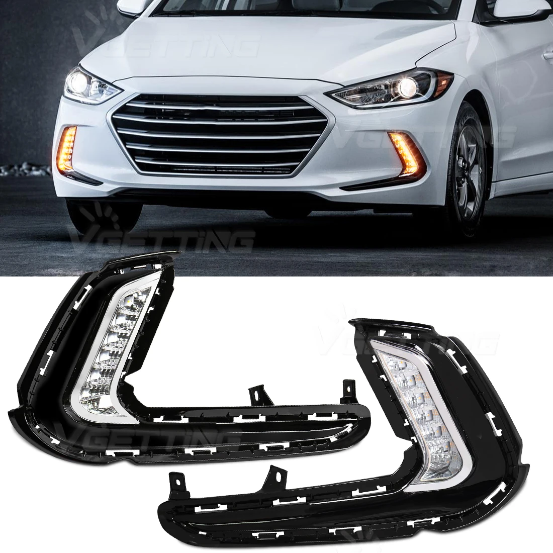 

Светодиодные дневные ходовые огни для Hyundai Elantra 2016 2017 2018, передний бампер, противотуманные фары, желтый, белый цвет, указатель поворота, фары 12 В ﻿