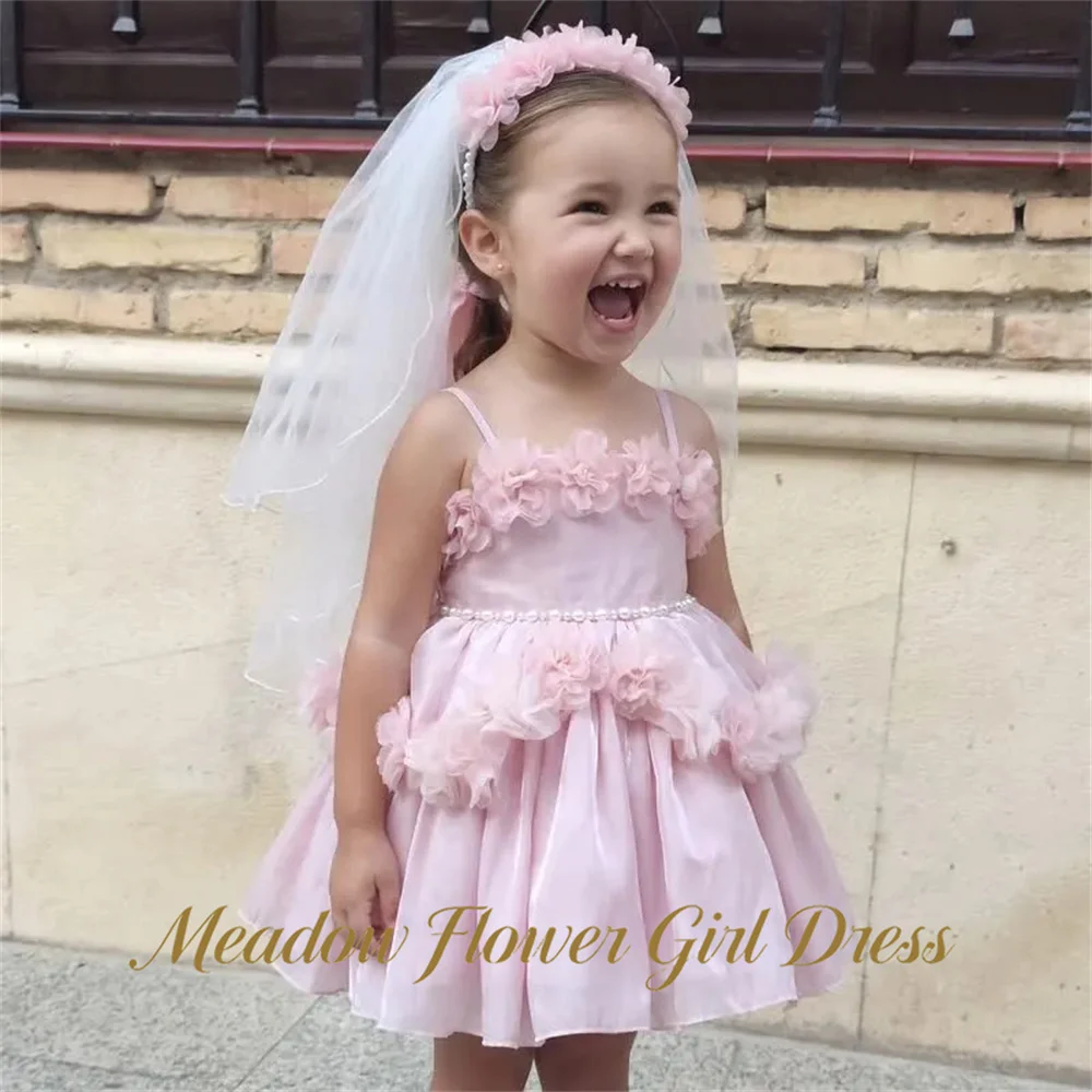 Meadow 3D Flowers At Waist A Line Children Birthday Wedding Dresses Spaghetti Straps Light Pink Princess Girls Dress Customized
