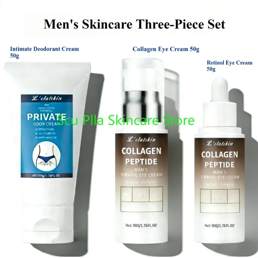 

Мужской набор для ухода за кожей из трех предметов: дезодорант-крем для интимных зон 50г, коллагеновый крем для глаз 50г, крем для глаз с ретинолом 50г