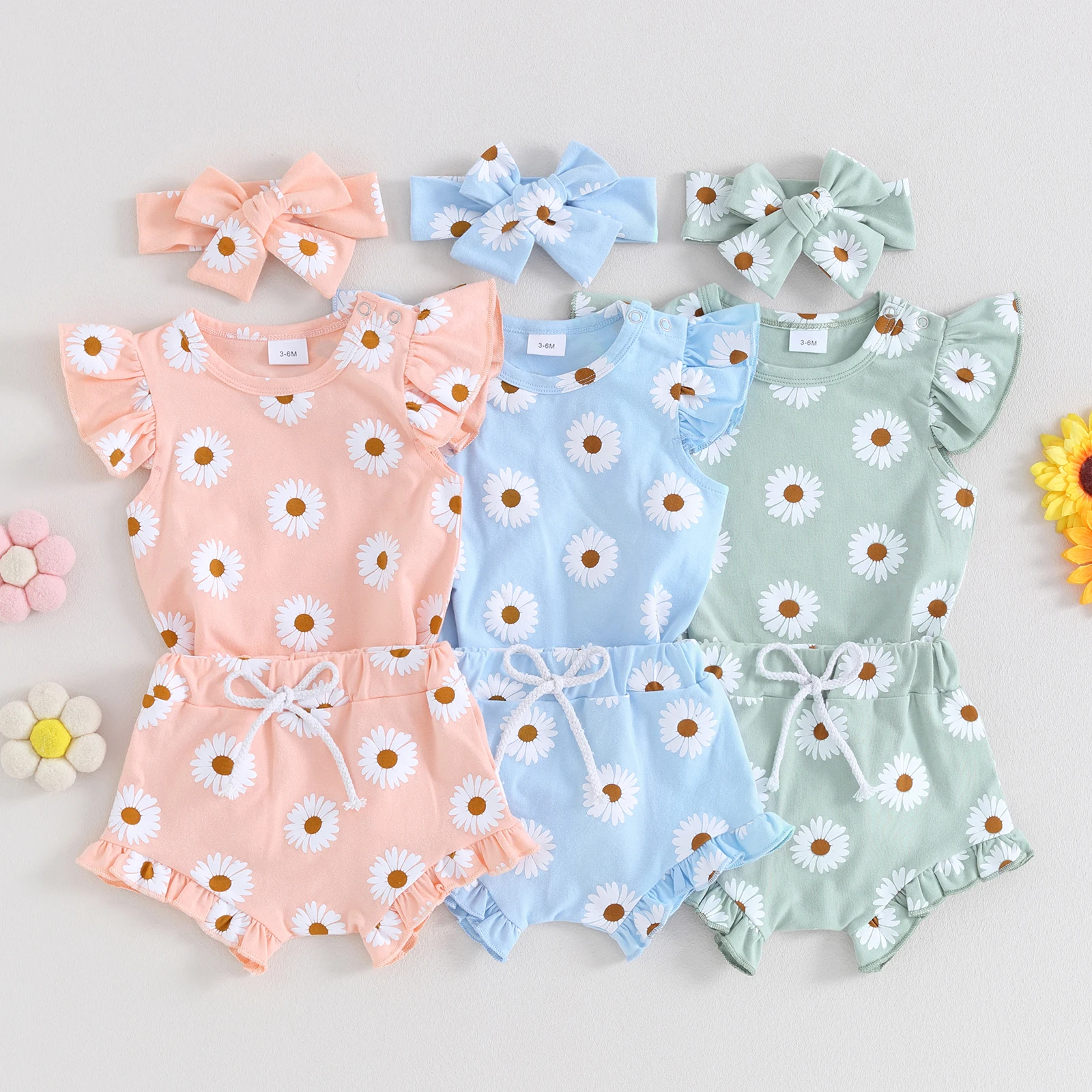 Pudcoco Säugling Neugeborenes Mädchen 3 Stück Kleidung Gänseblümchen Print Stram pler und Rüschen elastische Shorts Stirnband Set Sommer Outfits 0-18m