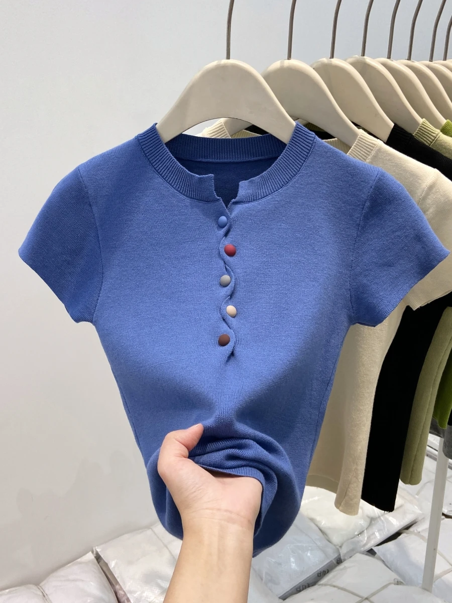 Dopne Coloured Button ort Sve Gebreid T-shirt Dames Slim Fit Zomertop Klein Blauw Faion Koreaanse Sle Pendelen