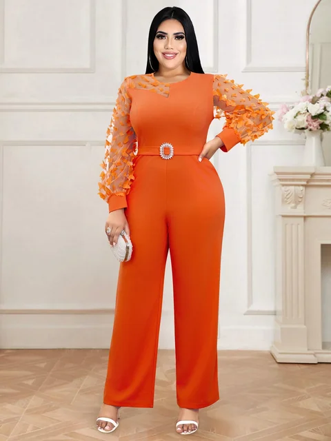 Women Orange One Piece Outfit O Neck Butterfly Mesh Patchwork Long Sleeves Jumpsuit Party Birthday Event Romper Plus Size 2024