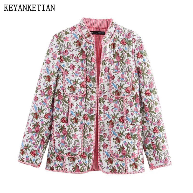 

KEYANKETIAN 2024 Autumn New Women's Flower Print Quilted Outwear Jacket Pastoral style Pockets Loose Outerwear Short Coat Top