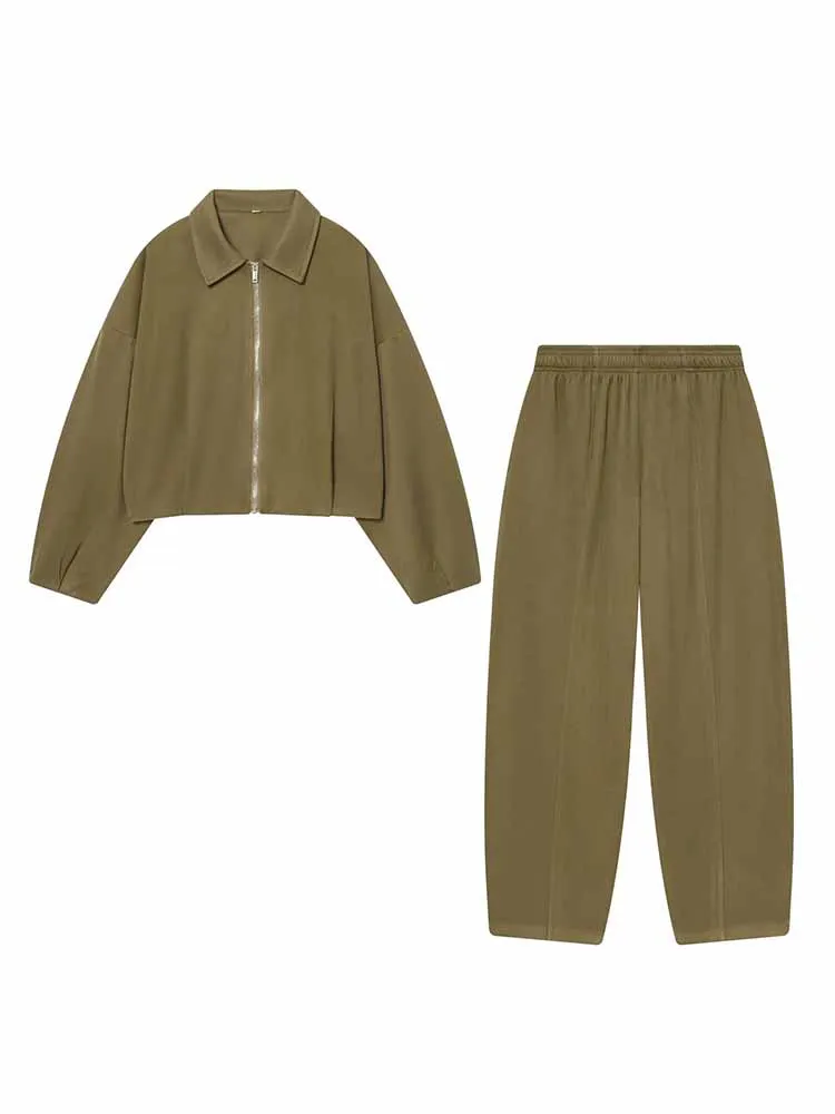 

HH Woman Spring Long Sleeves Soft Bomber Jacket+Mid Rise Elasticity Slim Straight Trousers Female Casual Sporty Two Piece Set