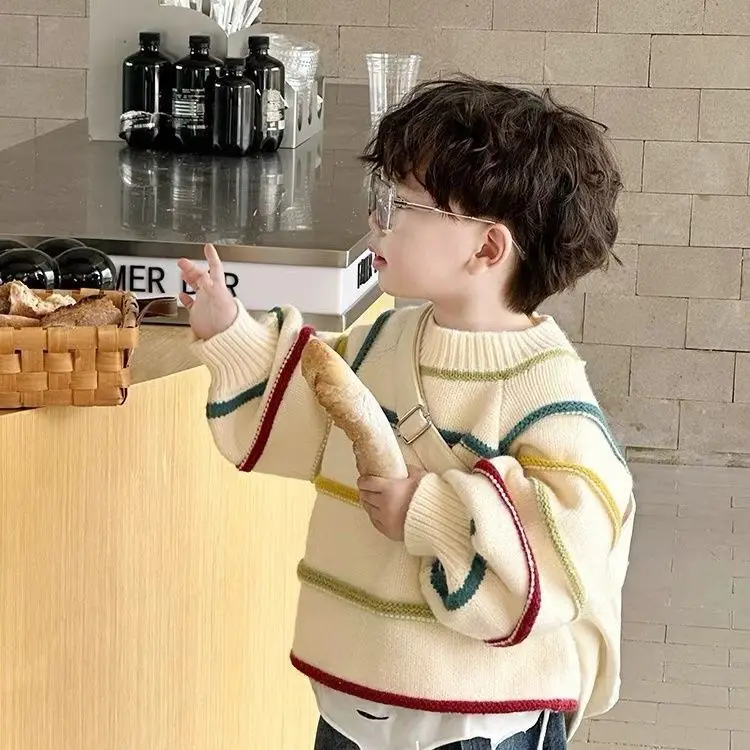 

Boys Autumn Spring Sweater 2025 New Korean Fashionable Kids Simple Striped Casual Daily Long Sleeve O-Neck Pullover