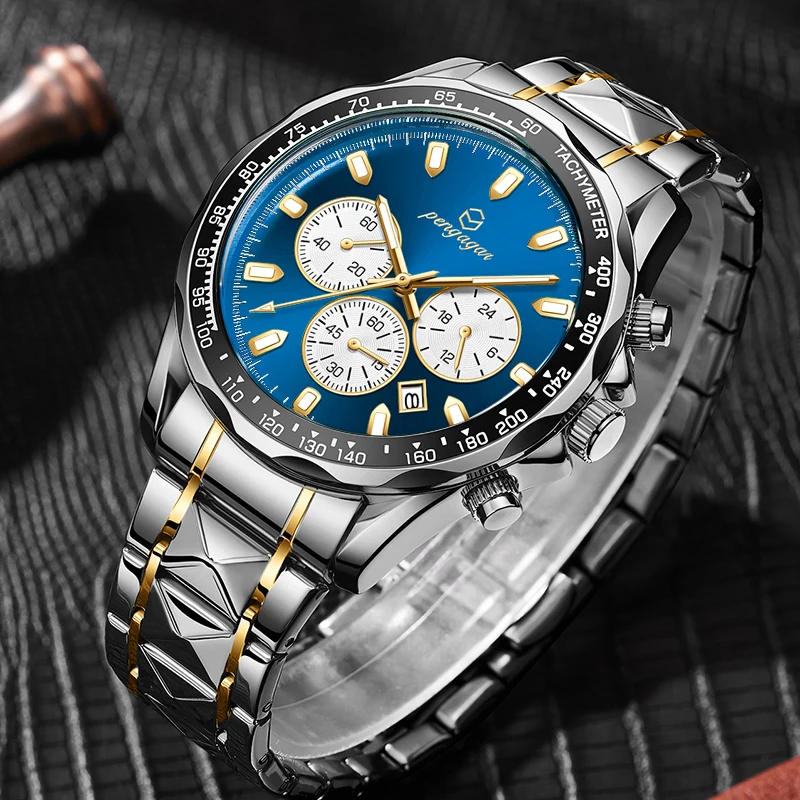 PENGAGAR Man Watch Quartz Waterproof Luminous Date Chronograph Fashion Blue Men Wristwatch Military Sports Men\'s Watches Reloj