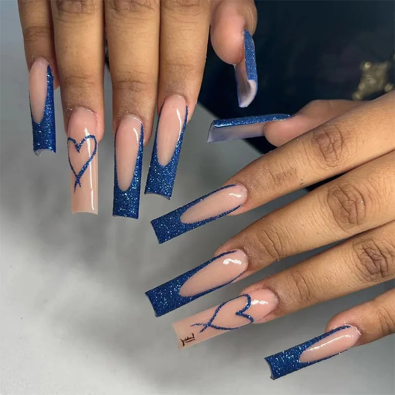 

24pcs Blue Fake Nails French Long Ballet False Nail Tips Love Stripe Design Coffin Press on Nails Simple Glitter Tips Manicure