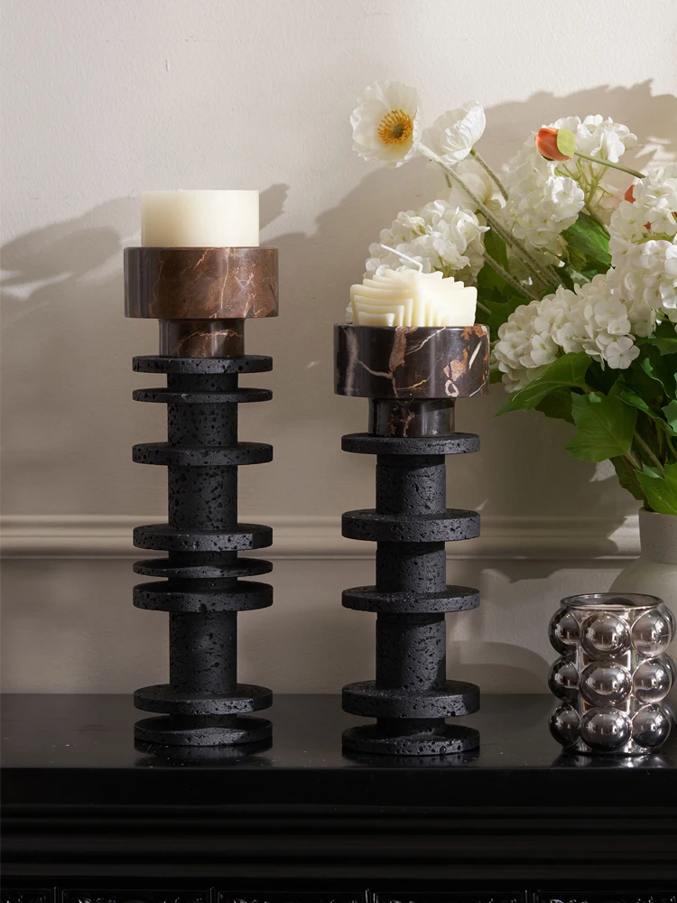 Large Black Marble Pillar Candlestick Luxury Travertine Stone Candle Holder for Wedding Dinning Party Table Centerpieces