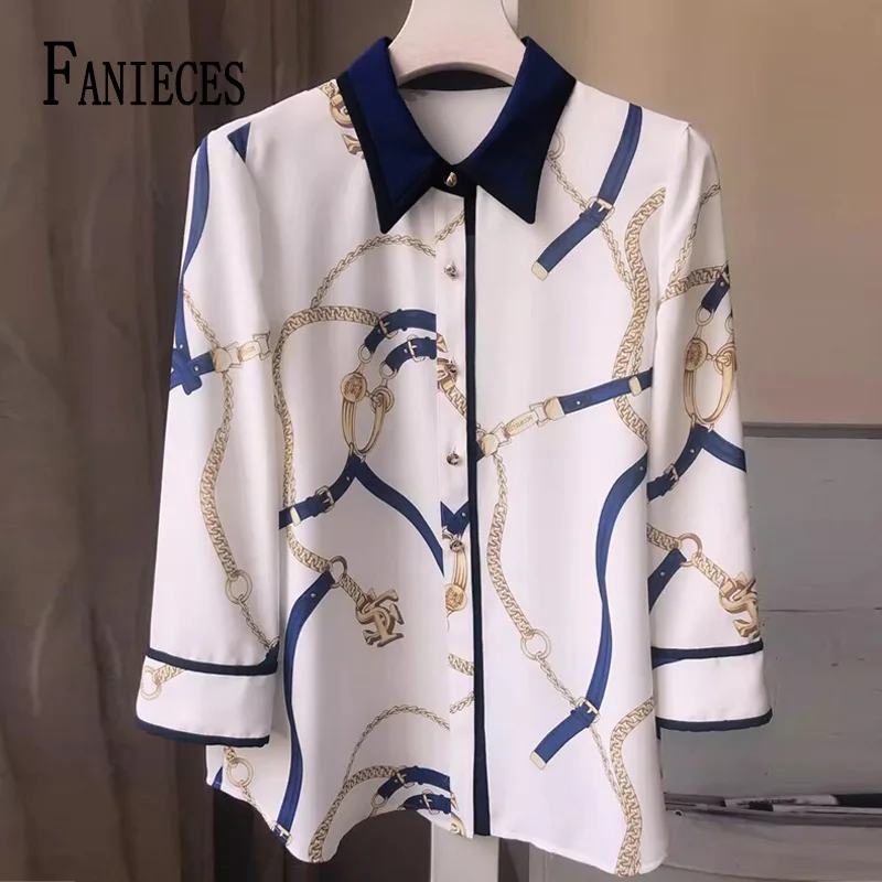 

FANIECES Women's Luxury Tops Mark Summer Half Sleeve Lapel Chain Print Women Shirt chemise femme de luxe Designer Brand Camisas