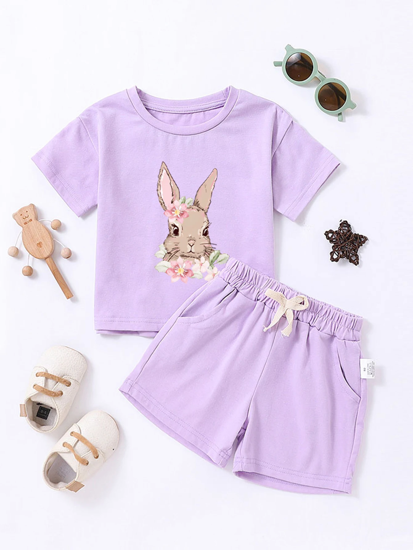 Summer Girl's Set Cute Rabbit Printed Short Sleeve + Solid Shorts 2 pcs Set Children's Casual Set Easter Clothing 0-6Y