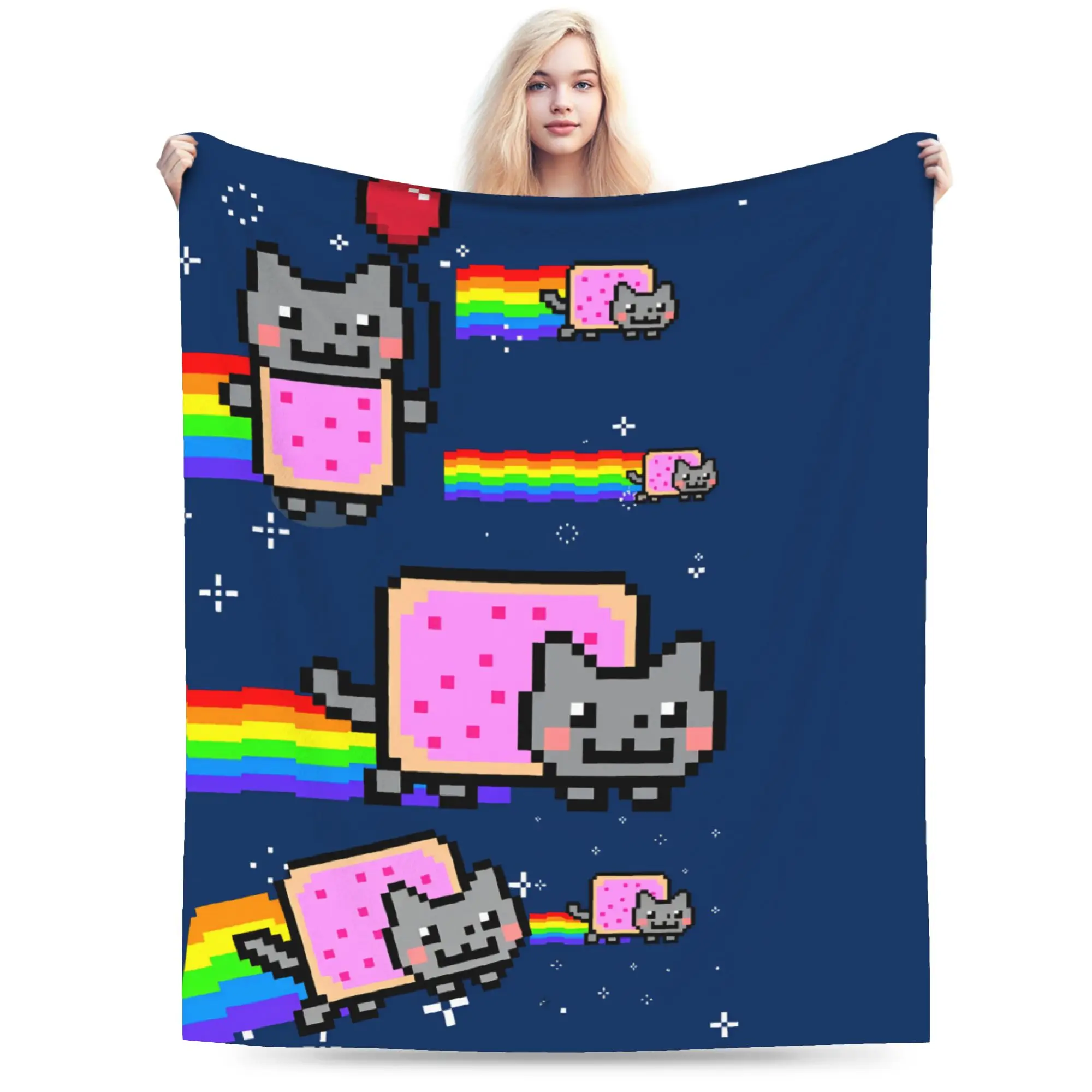 Cat Rainbow Pixel Space Nyans Warm Soft Blankets  Boy Girl Plush Bedding Throws Couch Chair Flannel Bedspread Sofa Bed Cover