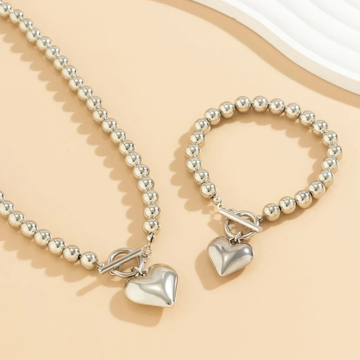 2Pcs Luxury Gold Color Beads Heart Pendant Necklace Bracelet for Women Punk Vintage OT Buckle Choker Wedding Party Jewelry Set image 5