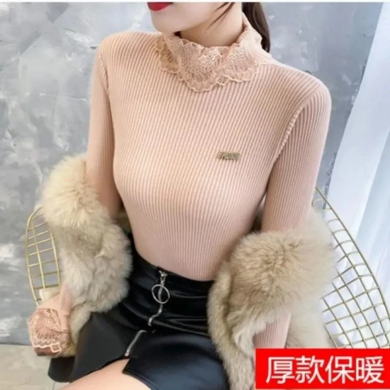 Women Turtleneck Sweaters Autumn Winter Slim Pullover Women Lace Basic Tops Casual Soft Knit Sweater Soft Warm Jumper