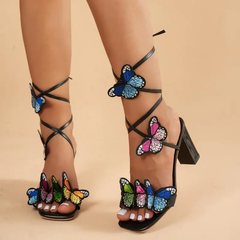 Sandalias con cordones de mariposa bordadas de diseño de marca para mujer, novedad de verano 2025, Sandalias sexis de tacón súper alto, zapatos de vestir de fiesta a la moda