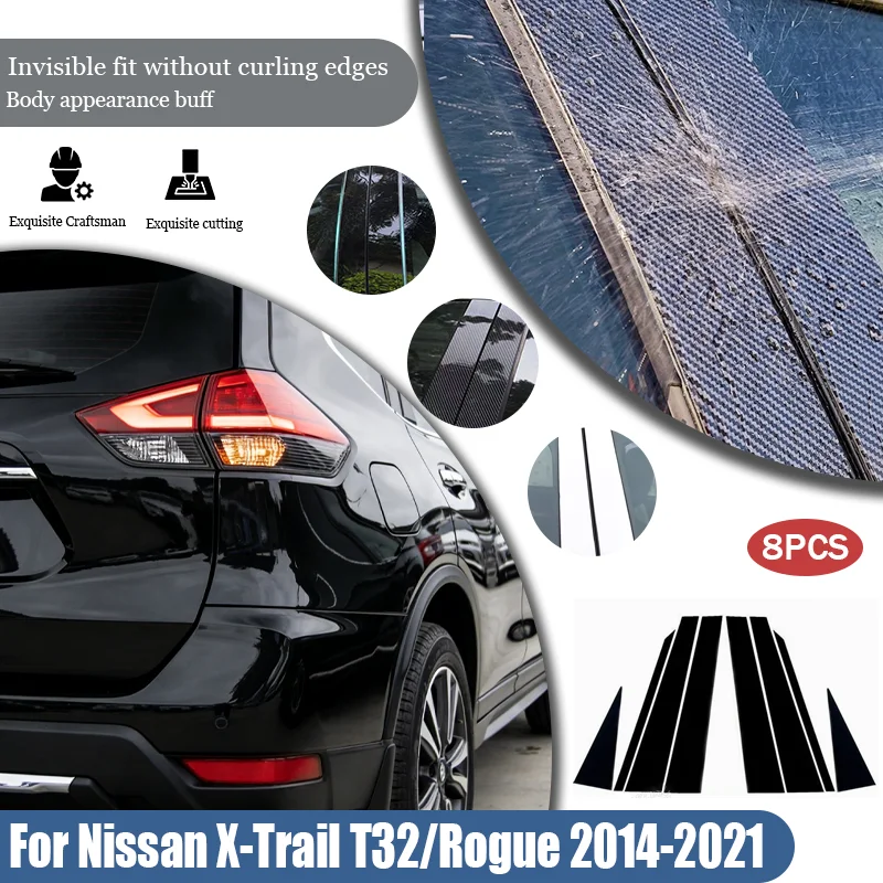 For Nissan X-Trail T32/Rogue 2014-2021 8Pcs PC Material Pillar Post Cover Door Window Molding Stickers Car Styling Mouldings