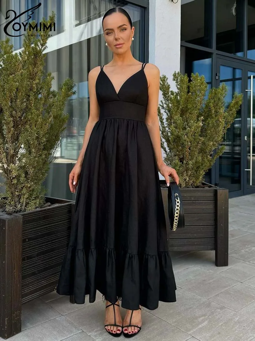 

Oymimi Causal Black Cotton Women's Dress Elegant Spaghetti Strap Open Back Dresses Fashion High Waist Pleated Dresses Streetwear