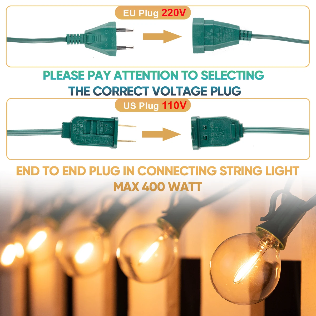 أضواء LED خارجية مقاومة للماء ، أضواء عيد الميلاد للحديقة ، إكليل عتيق ، أبيض دافئ ، مقاوم للماء ، G40 ، EU ، من US ، من US ، من من من V