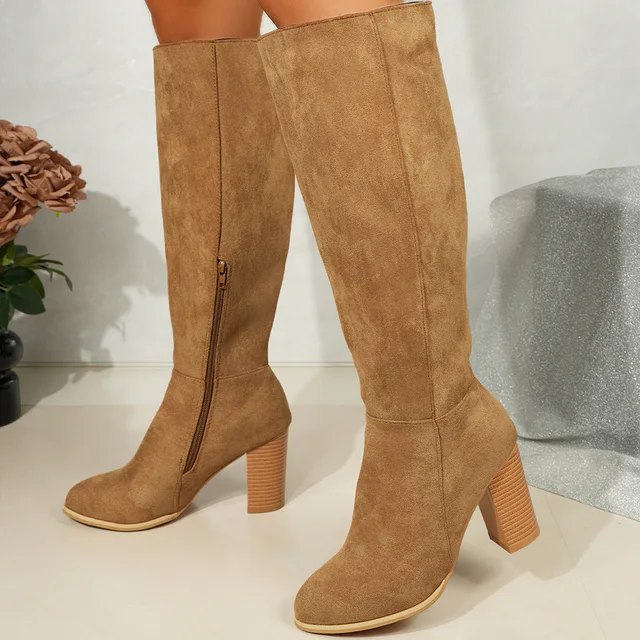 Botas hasta la rodilla para Mujer, Botas informales de piel de ante Retro, Botas de tacón alto grueso a la moda, Botas de vaquero del oeste, Botas Largas para Mujer