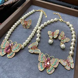 Women Vintage Copper Plated Real Gold Butterfly Pearl Necklace Earrings 2024