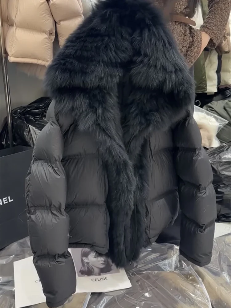 

Korean Style Loose Fit Hooded Cotton Jacket Women's Winter Black Thickened Short Outerwear with Fur Collar Premium Feeling