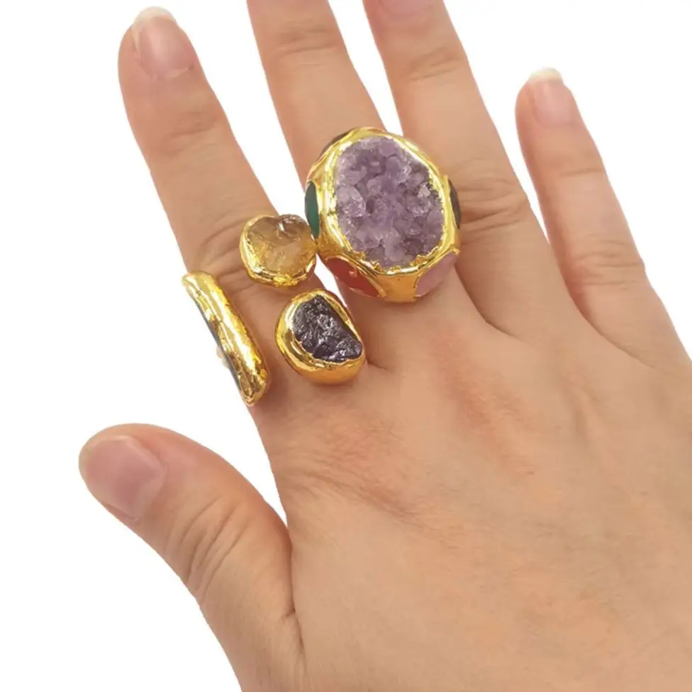 WT-R606 Classic Style Natural Stone Quartz With 18K Gold Plated Opeaning Ring For Man And Women Jewelry Accessory