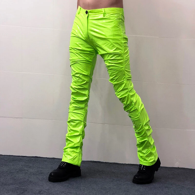 بنطال جلدي نحيف مطوي للرجال بنطال PU عاكس مرن لحفلات الكرنفال والنوادي الليلية زي أداء المغني والراقص