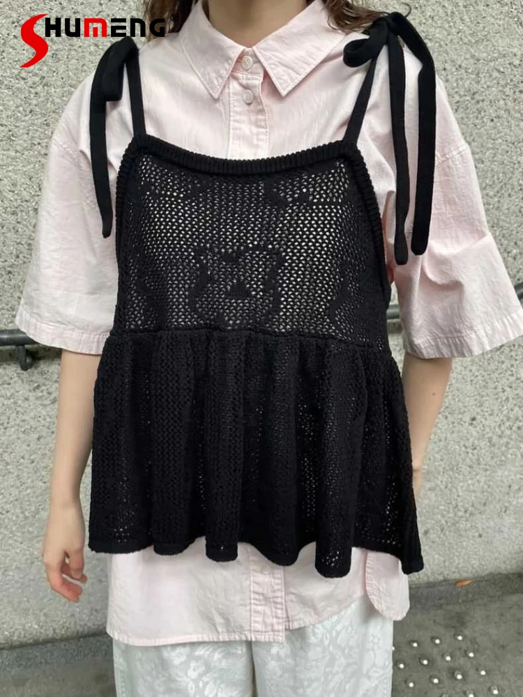 

Autumn New 2025 Japanese Style Sweet Knit Sleeveless Top Girl's Women's Basic Daily Outside Camis Lady Hollow Casual Tank Top
