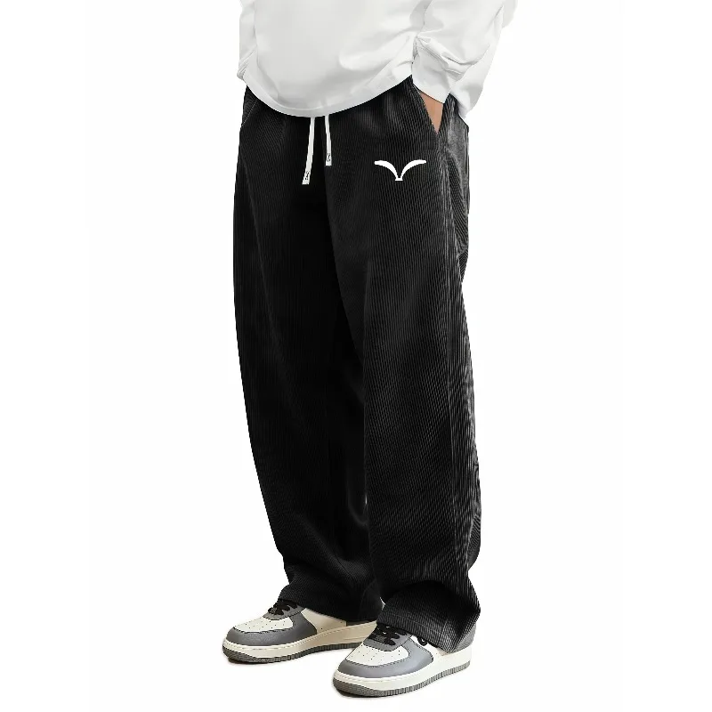 Pantalon large en velours côtelé pour homme, motif ailes, taille à cordon, léger, décontracté, avec poches doubles sur les côtés