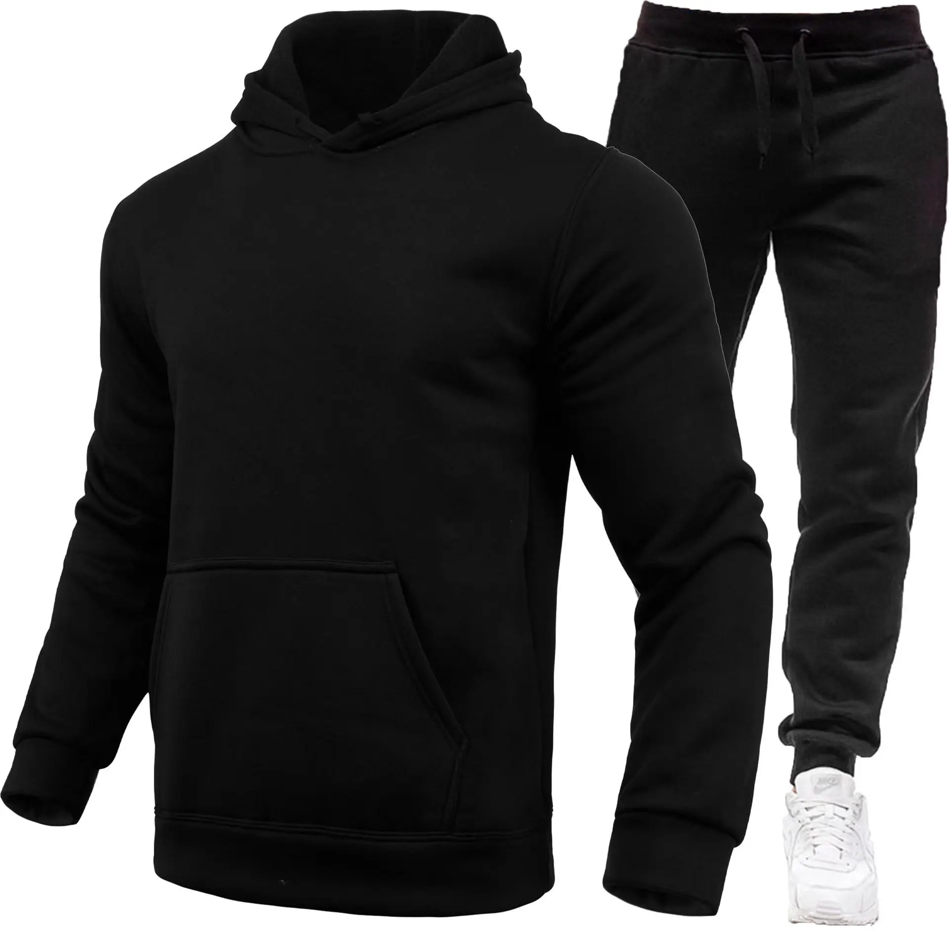 

2026 new men's sports suit hooded sweatshirt+black pants two-piece set running casual sweatshirt