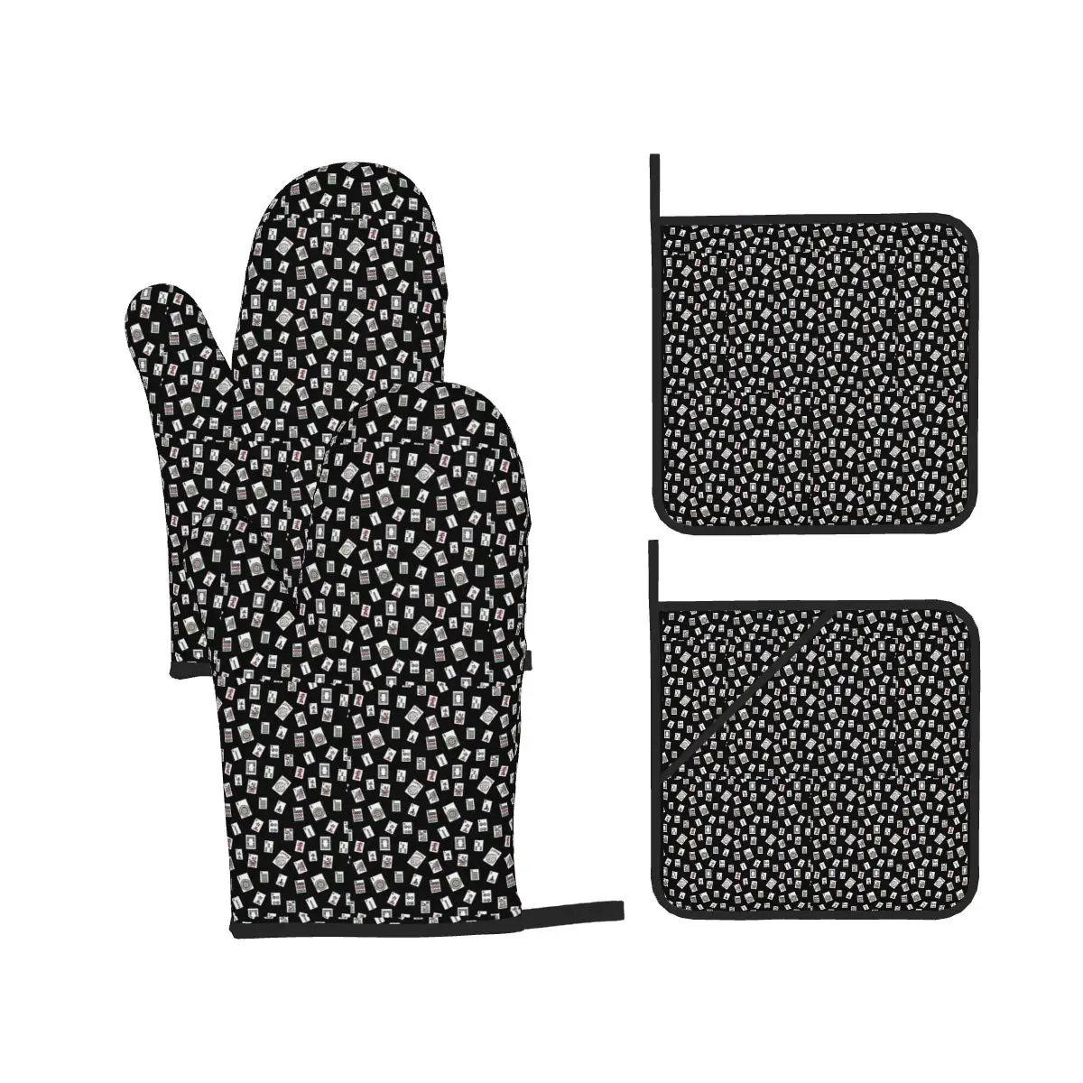 Black Mahjong Oven Mitts and Pot Holder Sets of 4 for Baking Kitchen Cooking BBQ Resistant Non-Slip Gloves