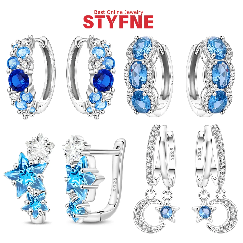 

Women Earrings 925 Silver Blue Gradient Earrings Star Moon Zircon Hoop Earrings for Wedding Anniversary Fashion Fine Jewelry